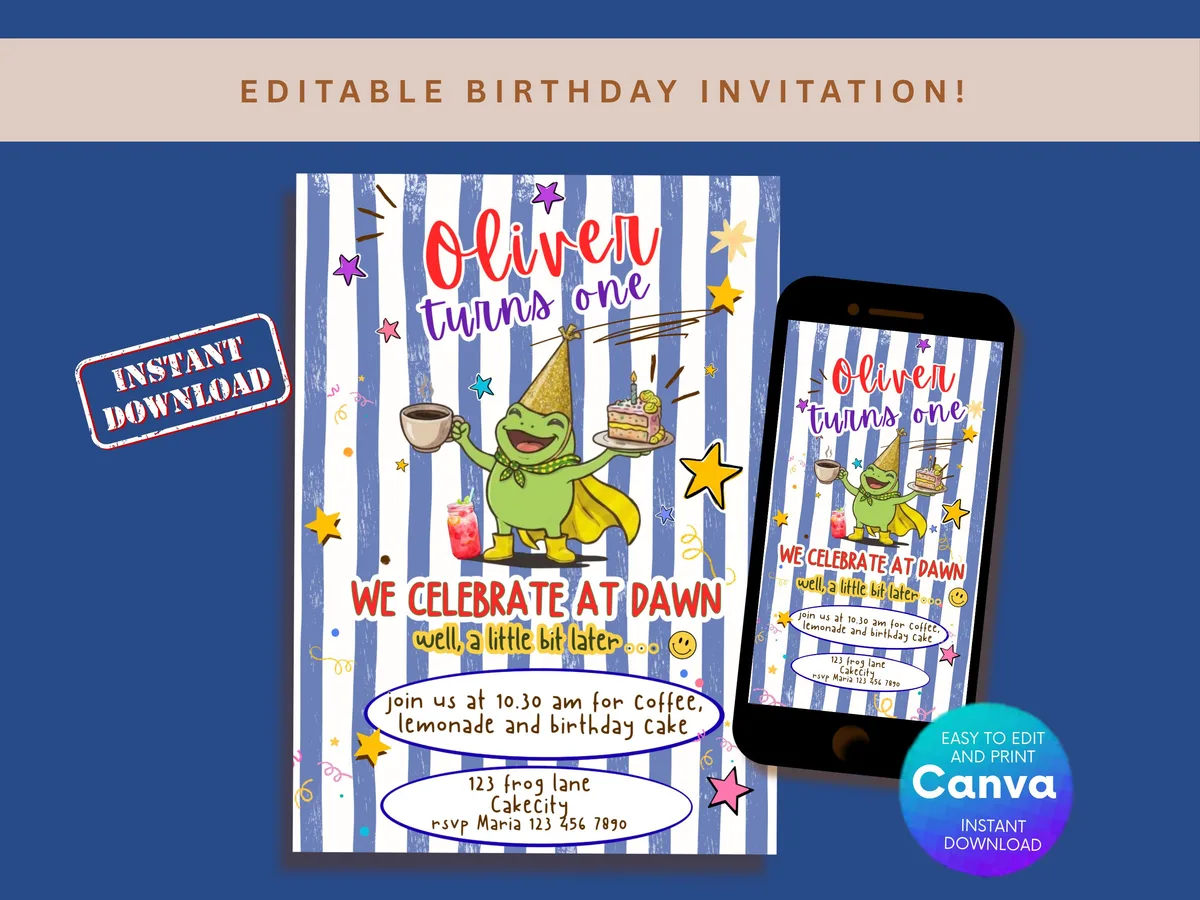 Frog Birthday Invitation — Blue — editable Canva template