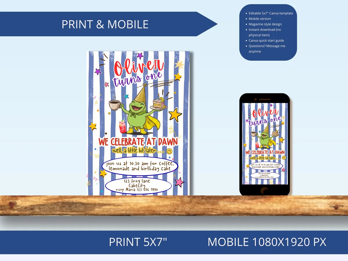 Frog Birthday Invitation — Blue — preview 4