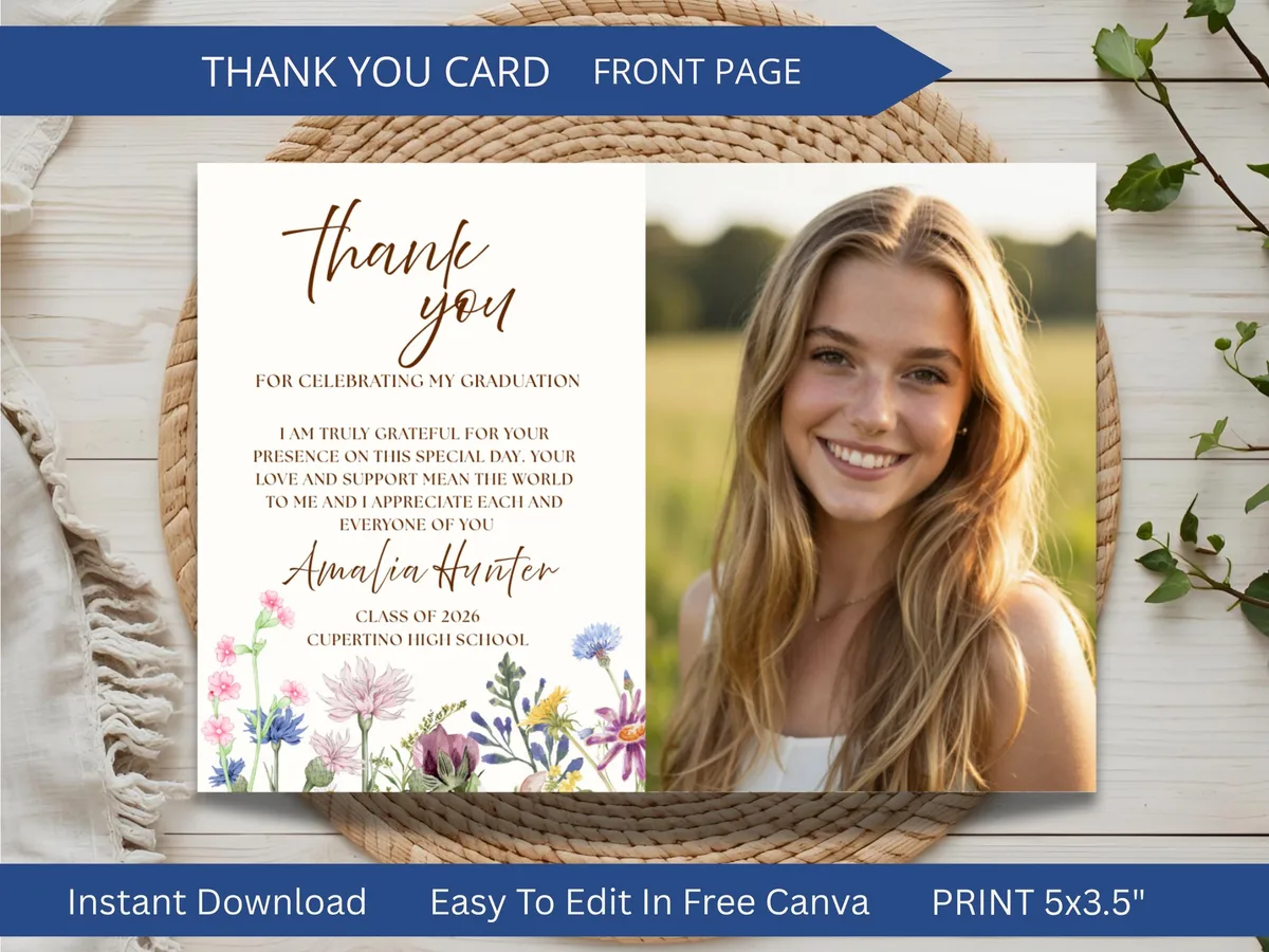 Wildflower Graduation Thank You Card — editable Canva template