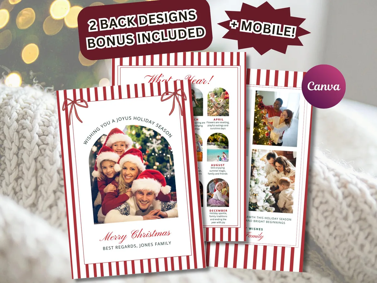 Red Stripe Christmas Photo Card — editable Canva template