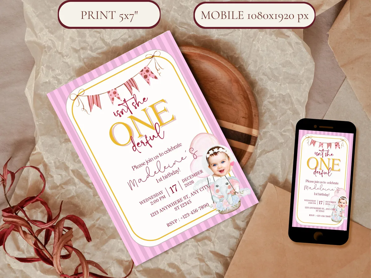Isn't She ONEderful Birthday Invitation — editable Canva template