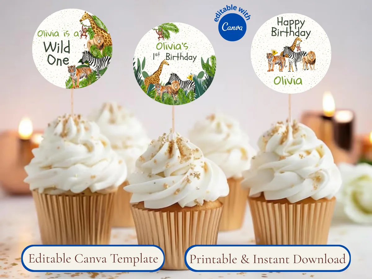 Wild One Jungle Cupcake Toppers — editable Canva template
