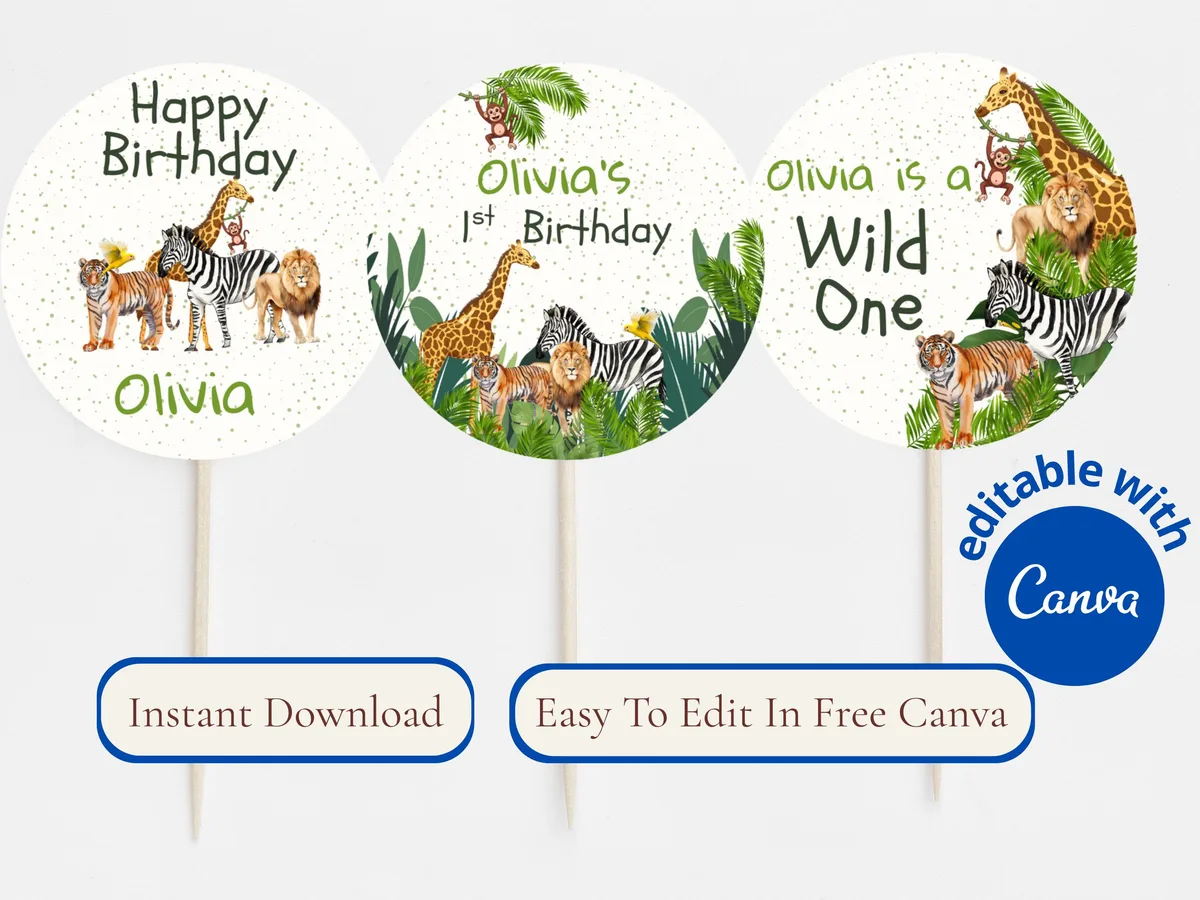 Wild One Jungle Cupcake Toppers — preview 2