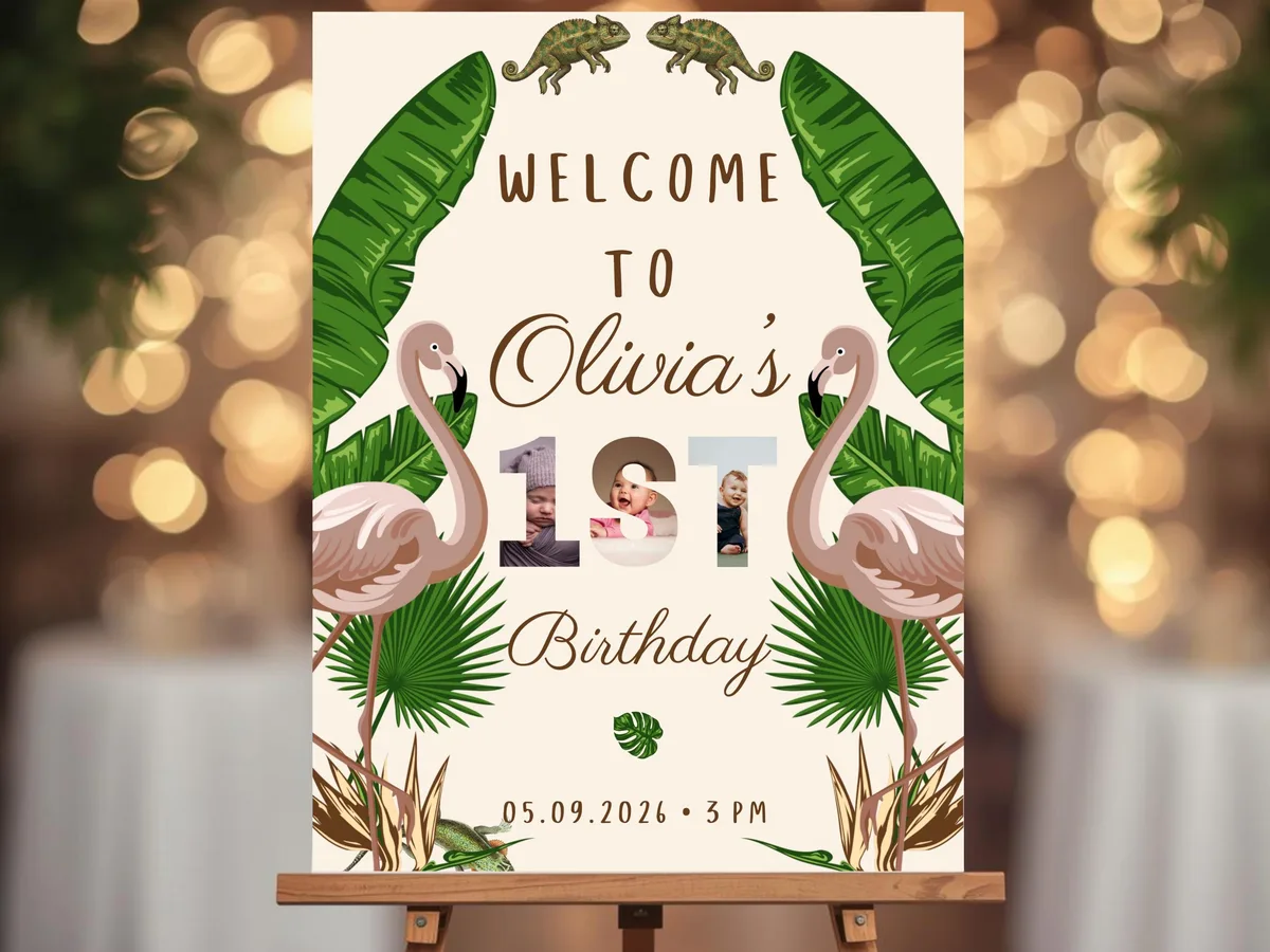 Jungle Flamingo Birthday Welcome Sign — editable Canva template