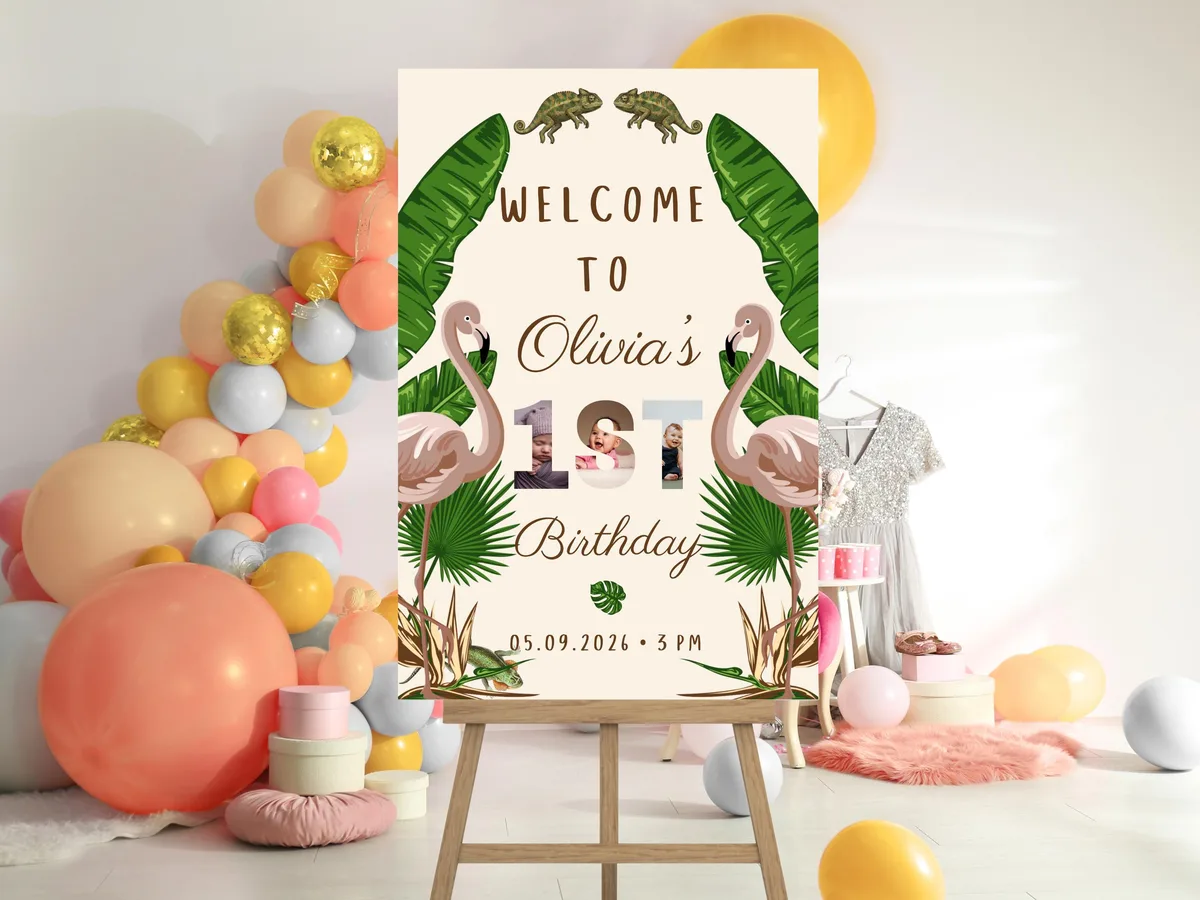 Jungle Flamingo Birthday Welcome Sign — preview 2