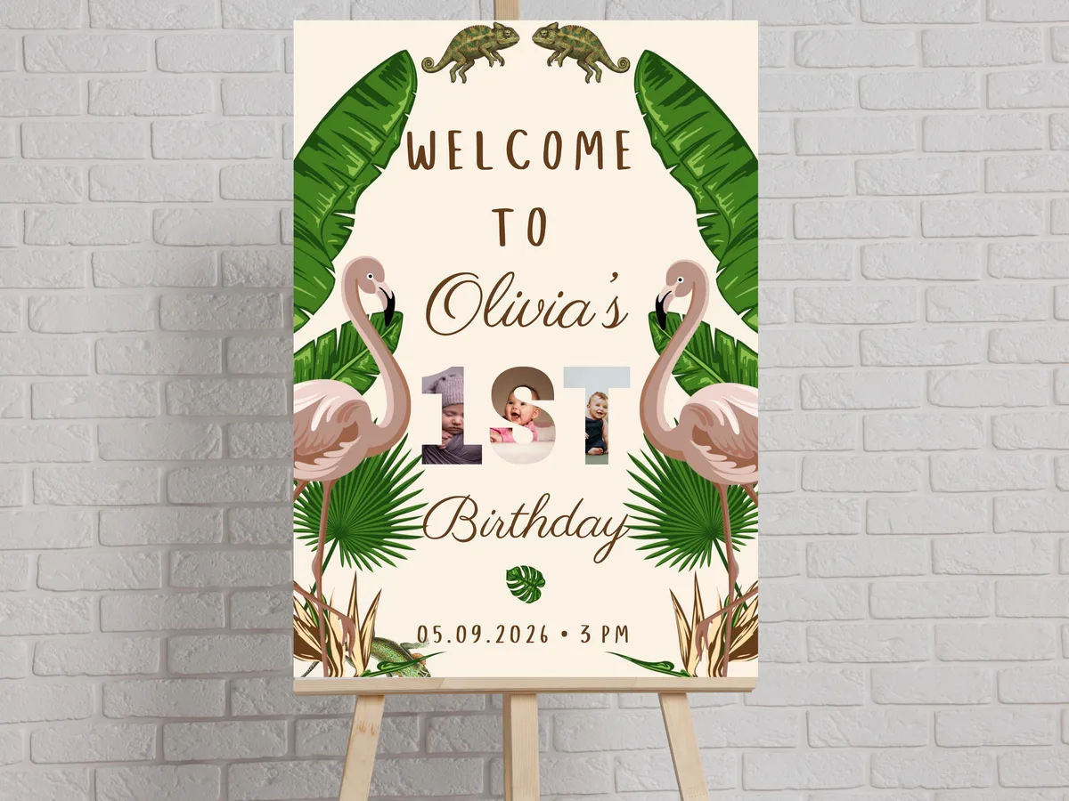 Jungle Flamingo Birthday Welcome Sign — preview 3
