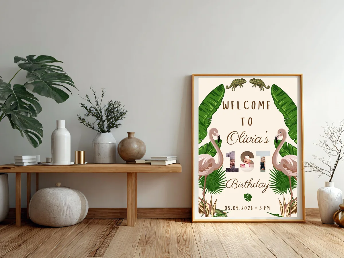 Jungle Flamingo Birthday Welcome Sign — preview 4