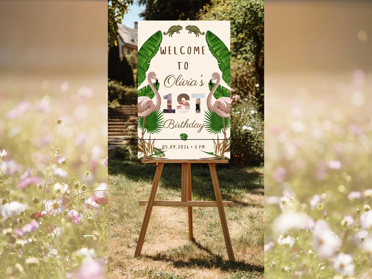 Jungle Flamingo Birthday Welcome Sign — preview 5