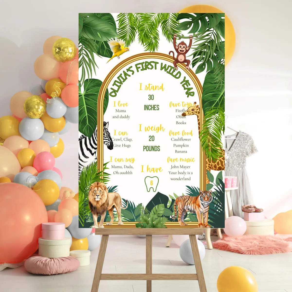 Wild One Safari Milestone Board — editable Canva template