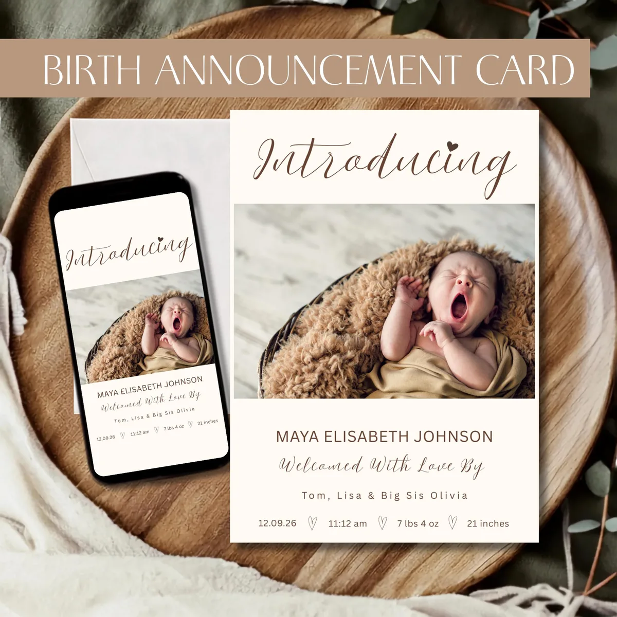 Photo Newborn Birth Announcement — editable Canva template