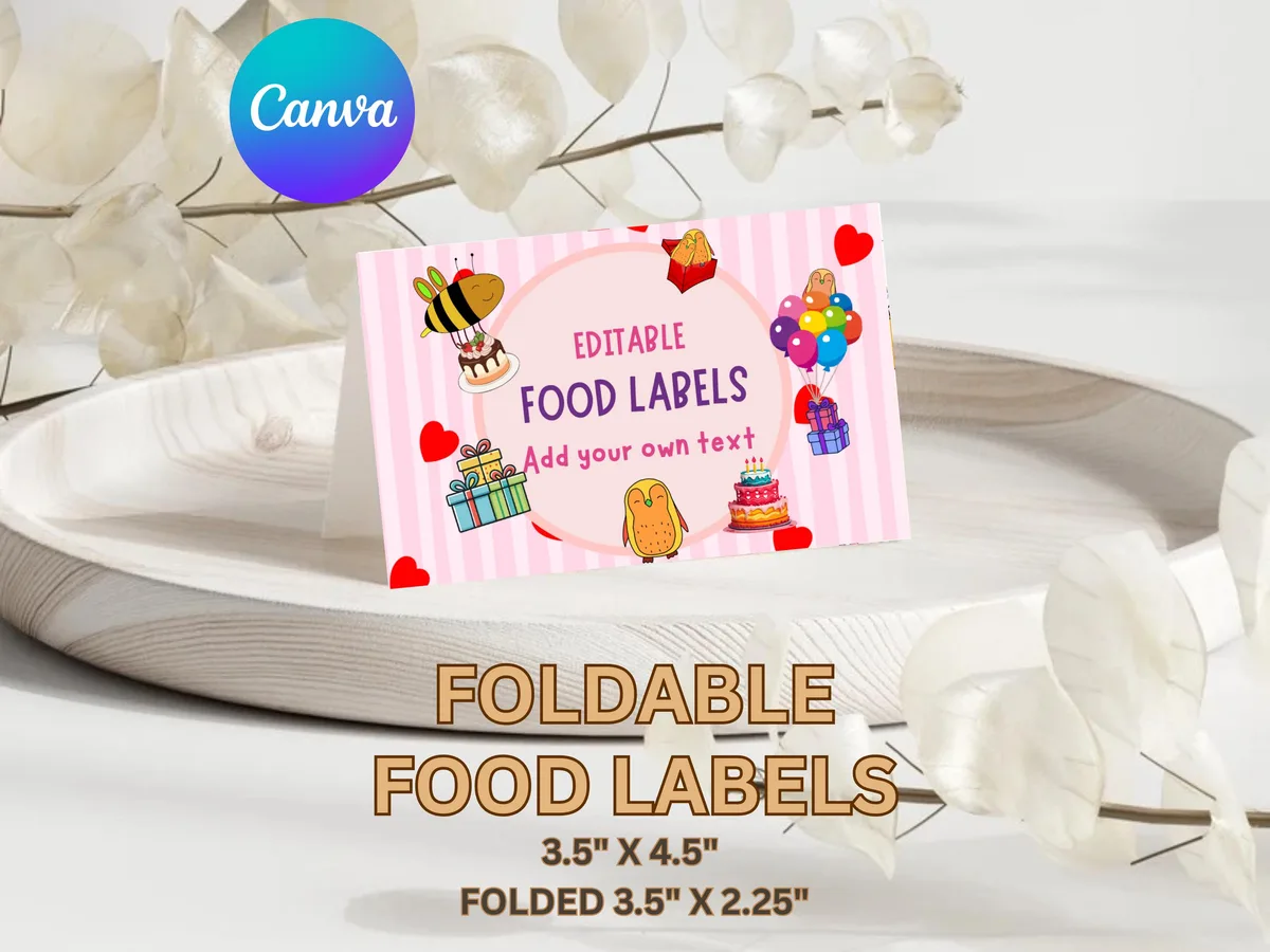 Pink Heart Party Food Labels — editable Canva template