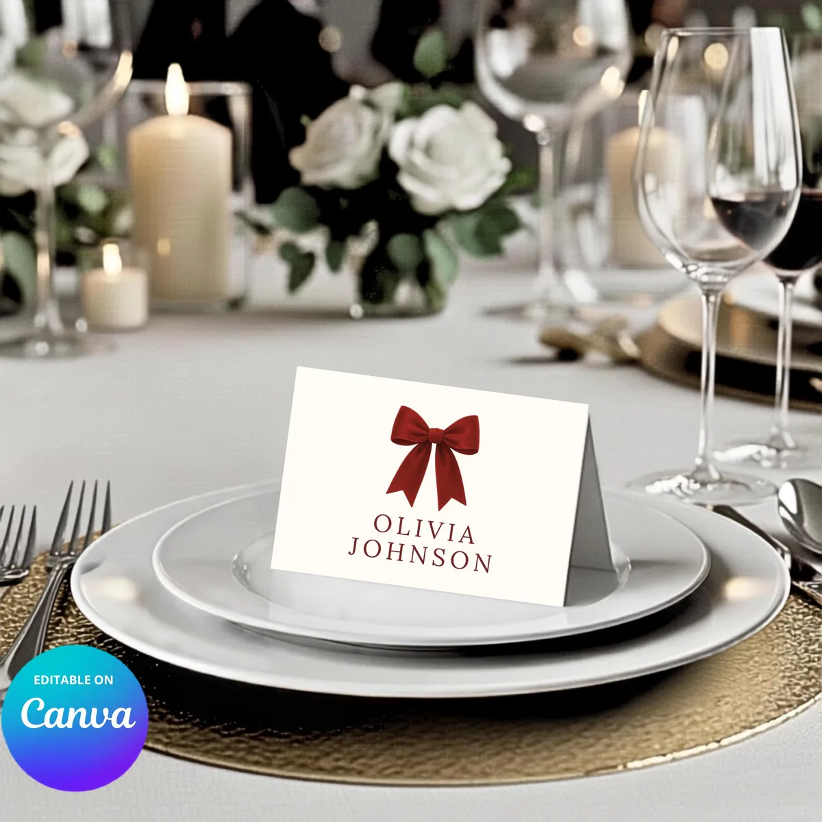 Christmas Table Place Cards — editable Canva template