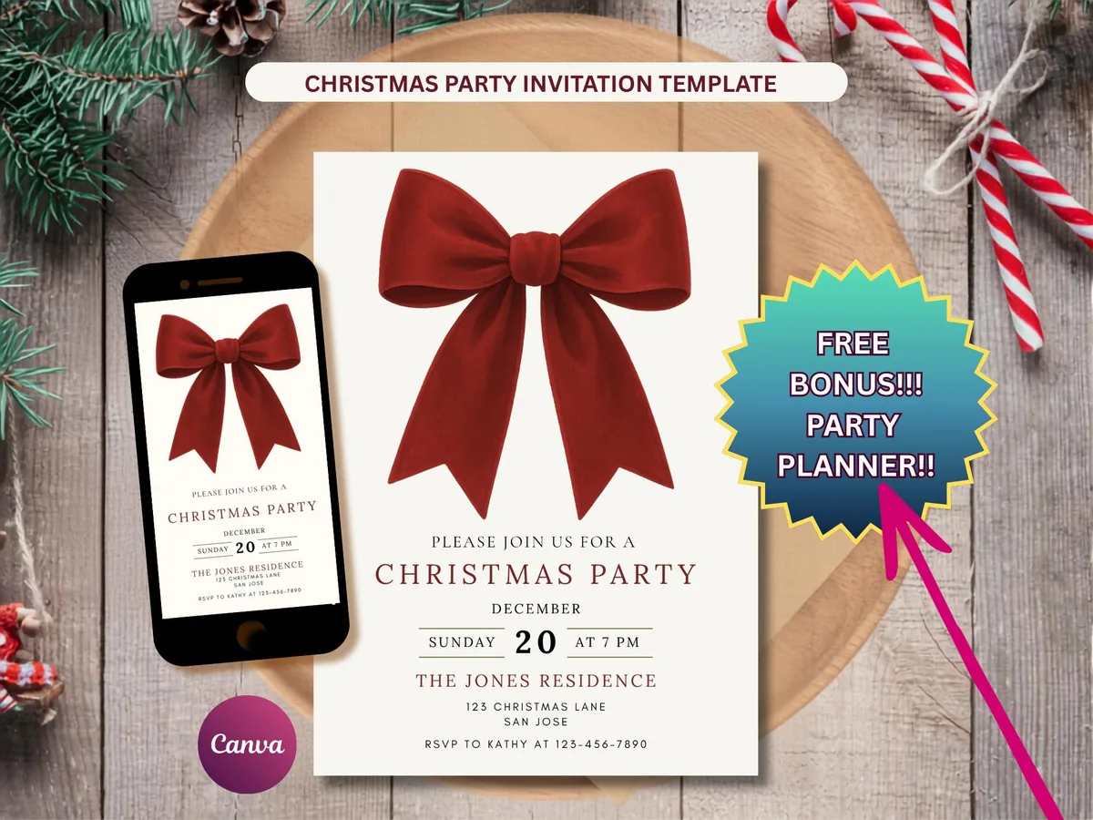 Red Velvet Bow Christmas Invitation — editable Canva template
