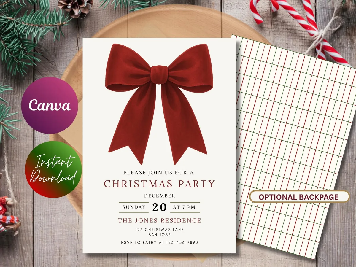 Red Velvet Bow Christmas Invitation — preview 2
