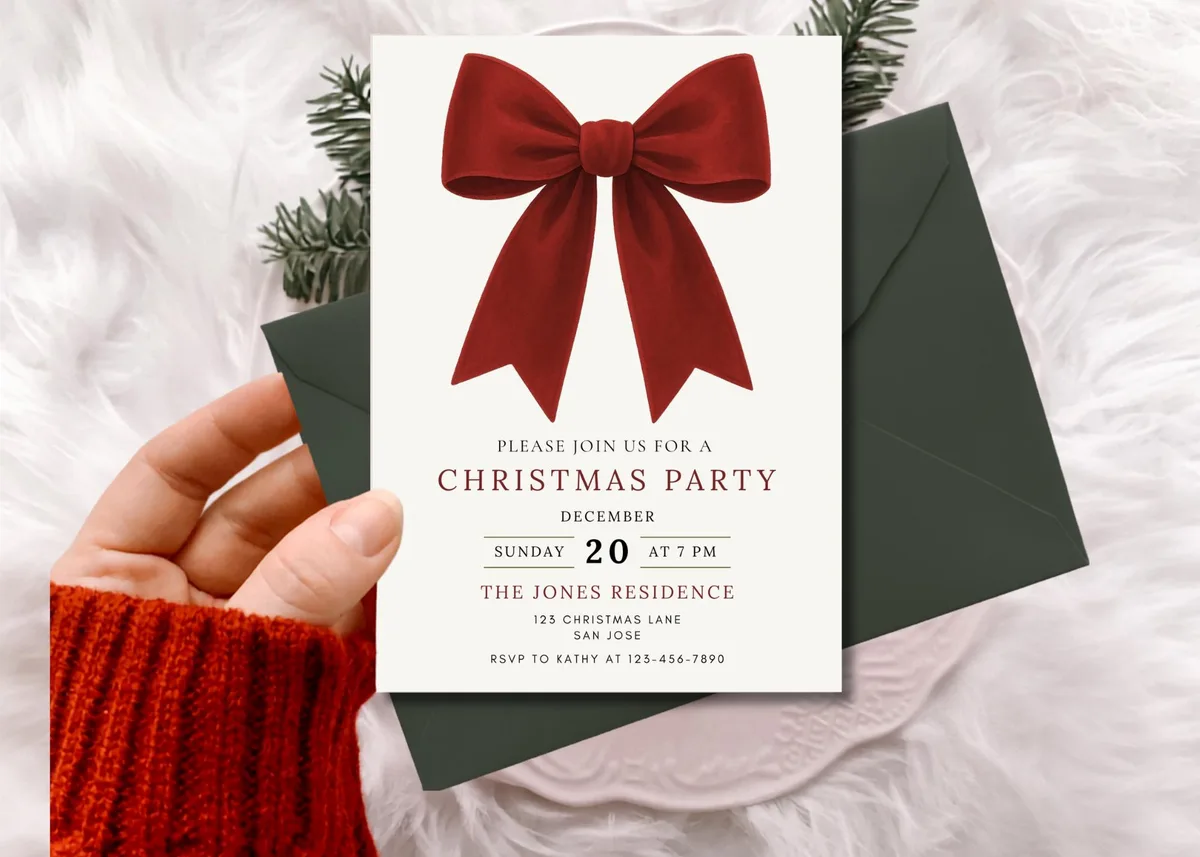 Red Velvet Bow Christmas Invitation — preview 5
