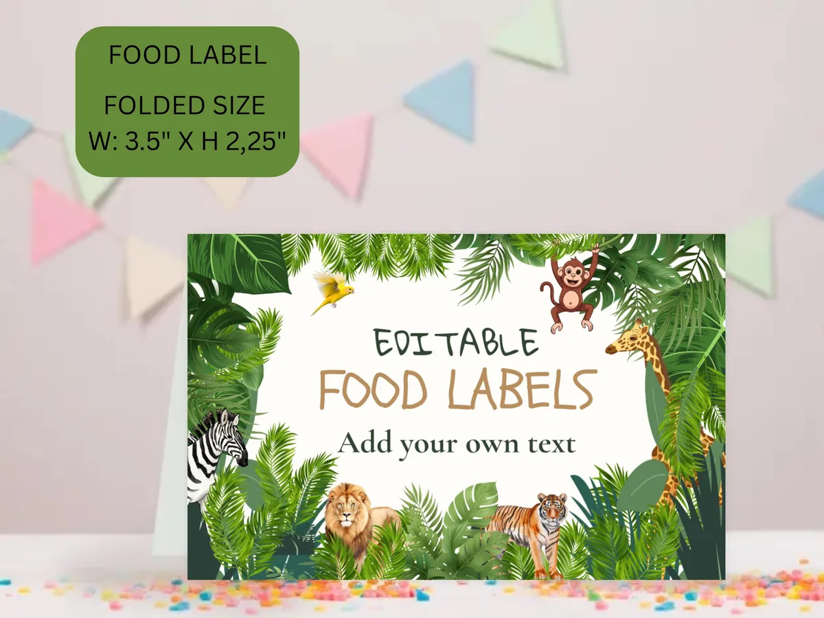 Jungle Safari Birthday Food Labels — editable Canva template