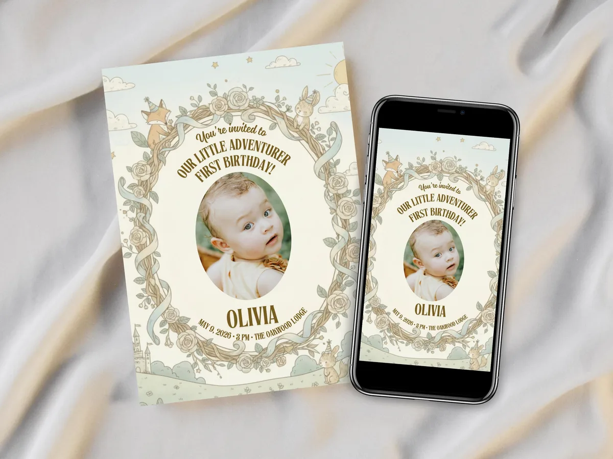 Whimsical Fairy First Birthday Invitation — editable Canva template