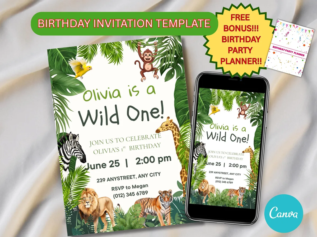 Wild One Jungle Safari Invitation — editable Canva template