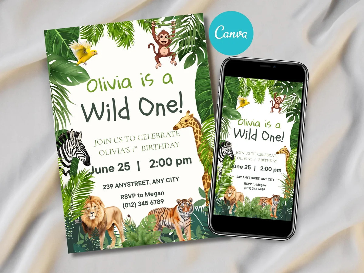 Wild One Jungle Safari Invitation — preview 2