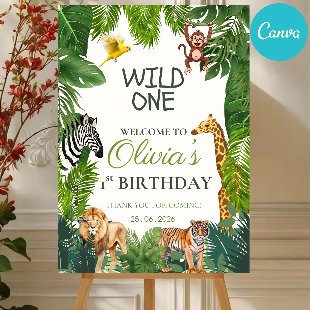 Wild One Jungle Safari Welcome Sign — editable Canva template