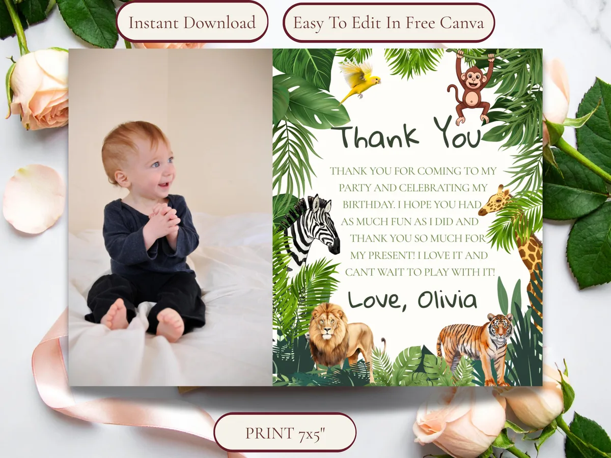 Wild One Safari Thank You Card — editable Canva template