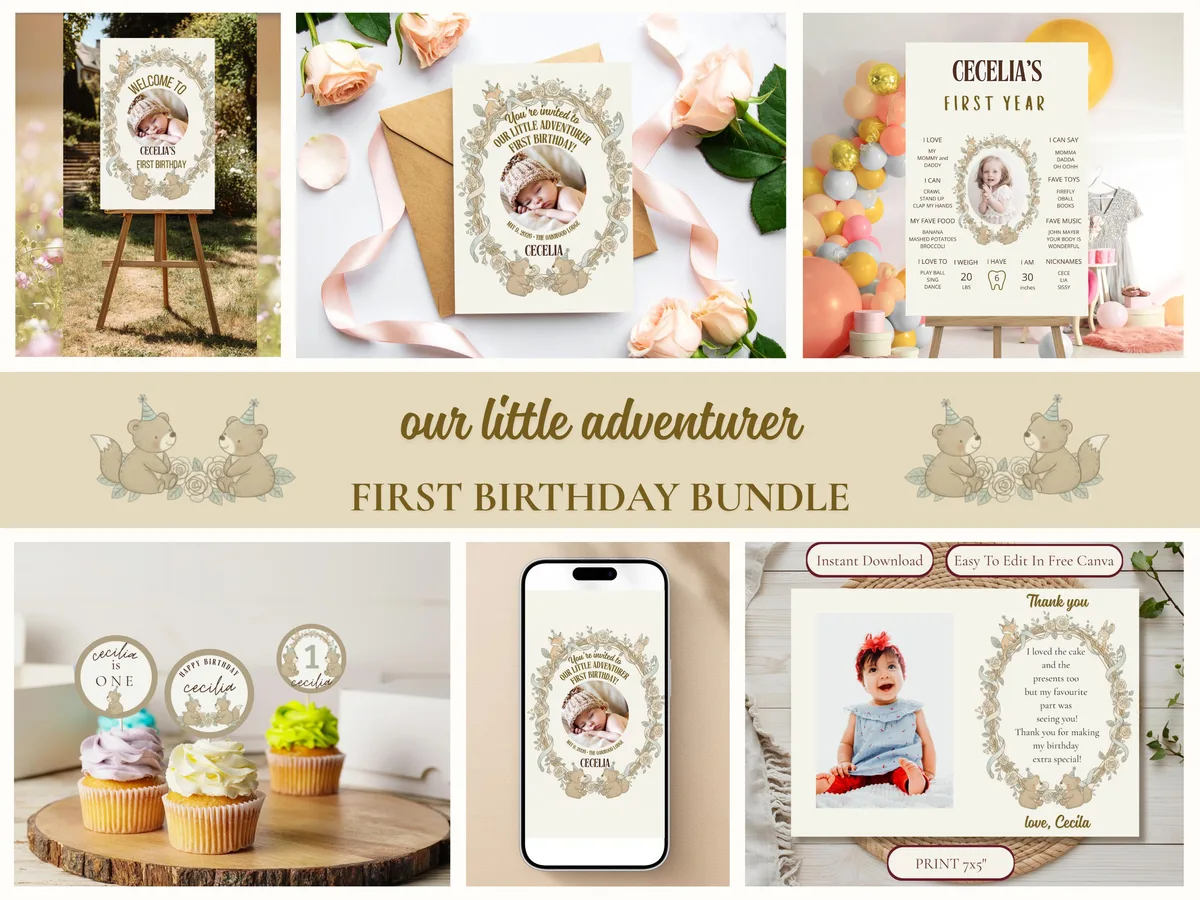 Woodland First Birthday Party Bundle — editable Canva template