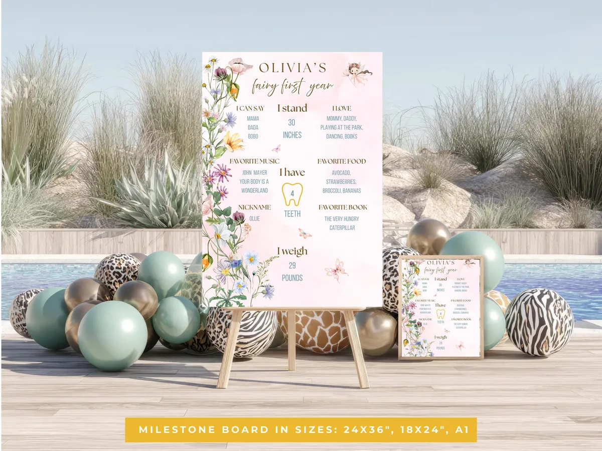 Fairy Garden Birthday Milestone Board — editable Canva template