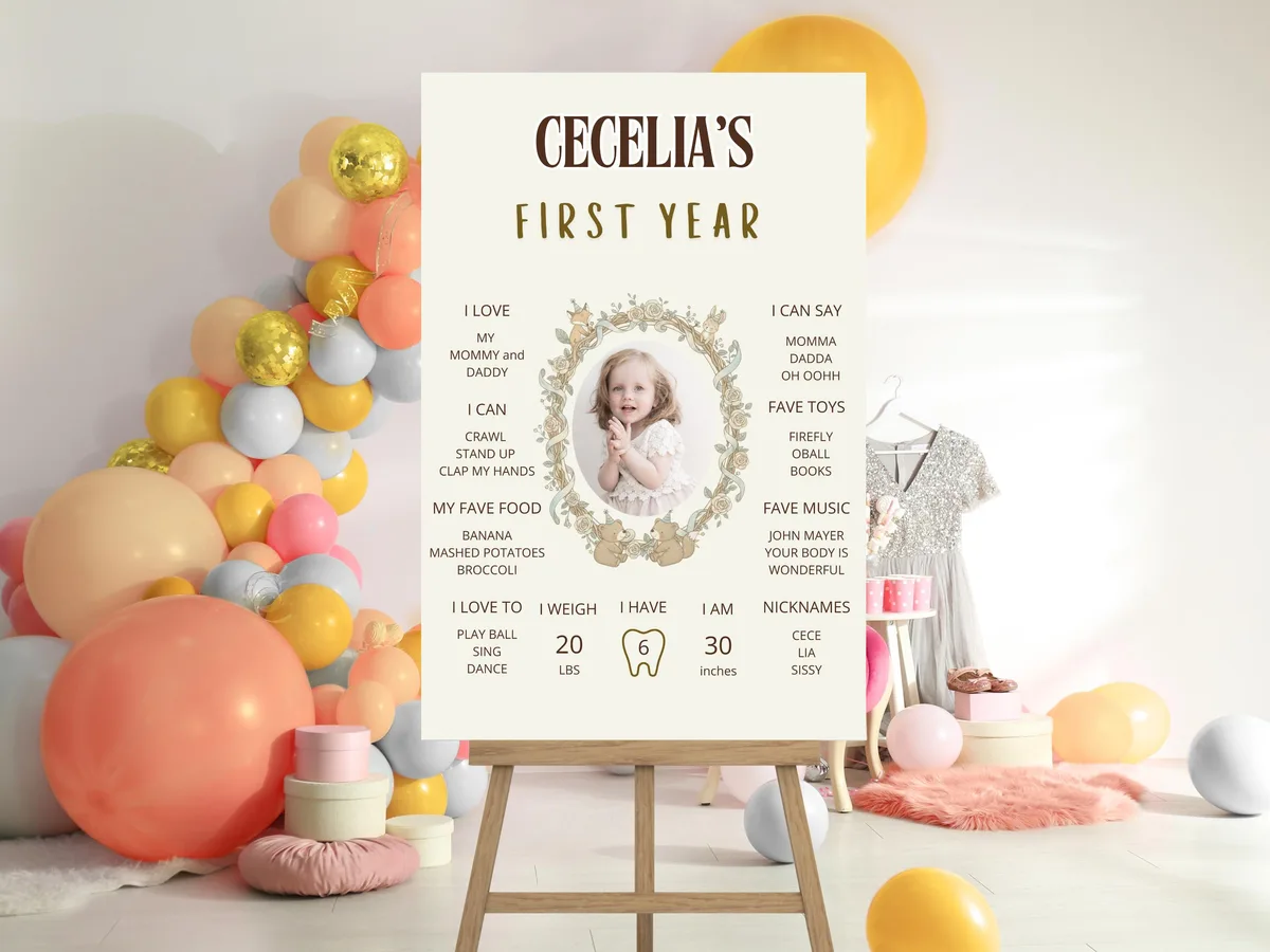 Woodland First Birthday Milestone Board — editable Canva template