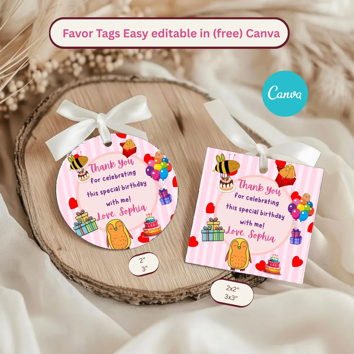 Birthday Favor Tags Colorful Animals — editable Canva template