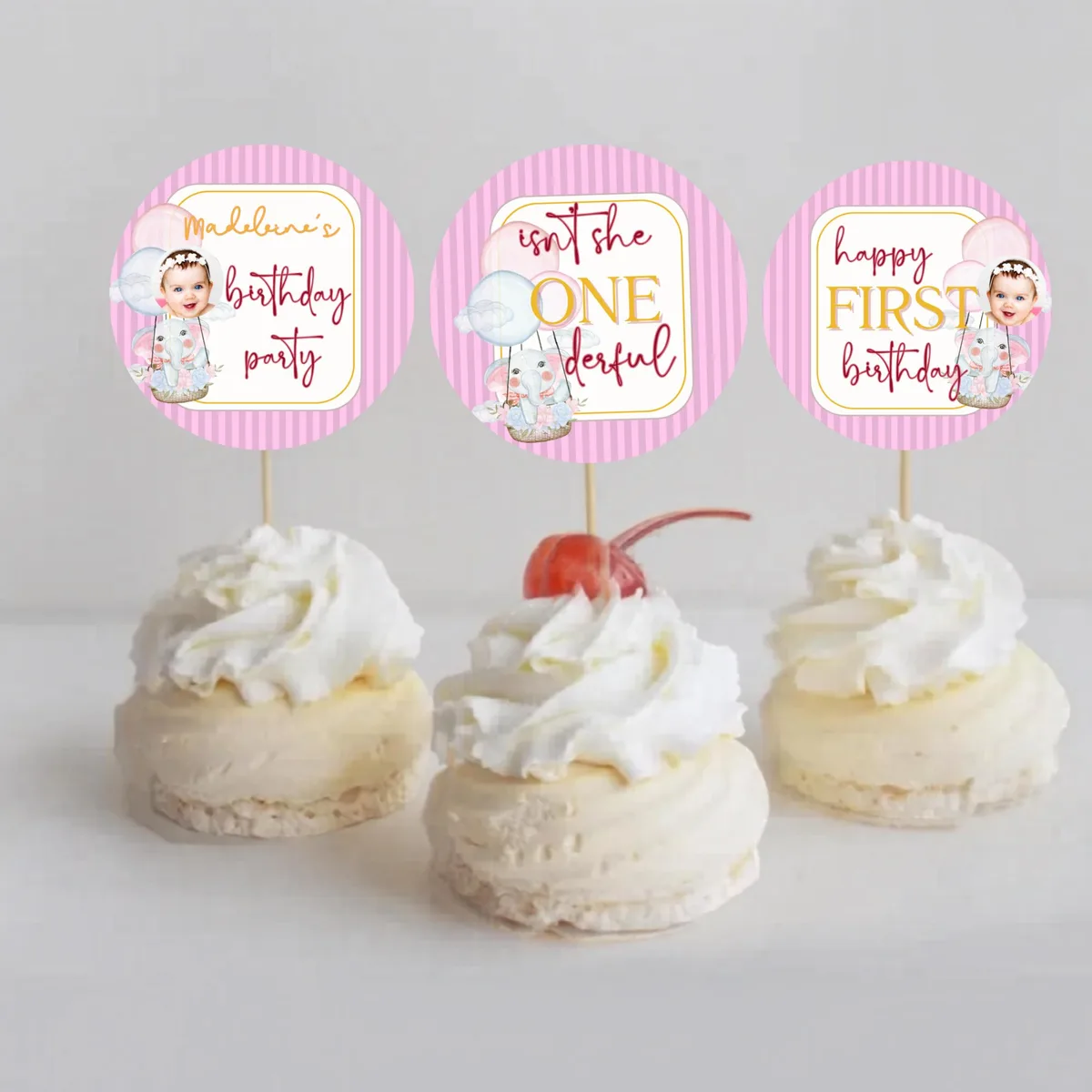 Isn't She ONEderful Cupcake Toppers — editable Canva template