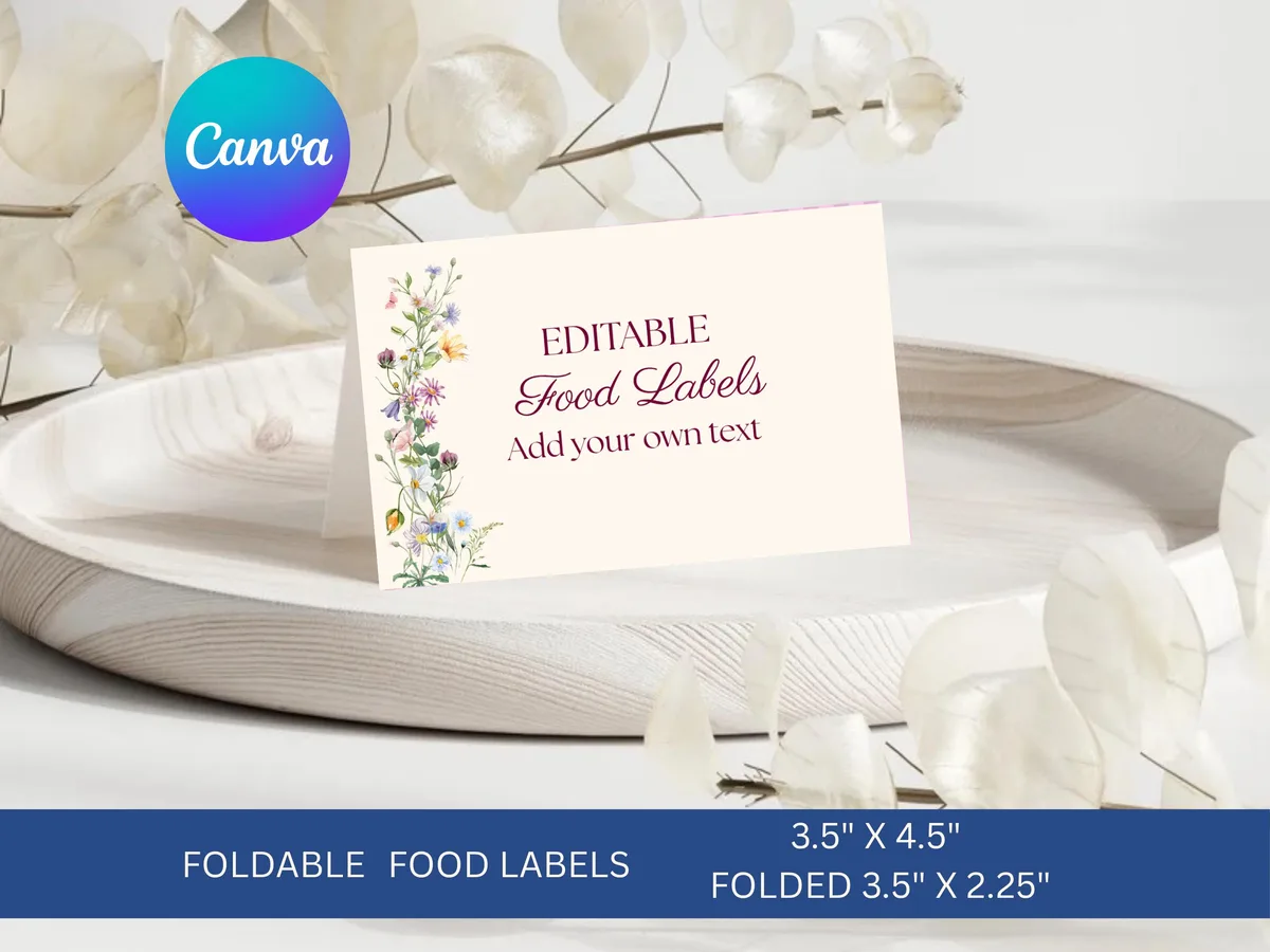 Wildflower Garden Party Food Labels — editable Canva template