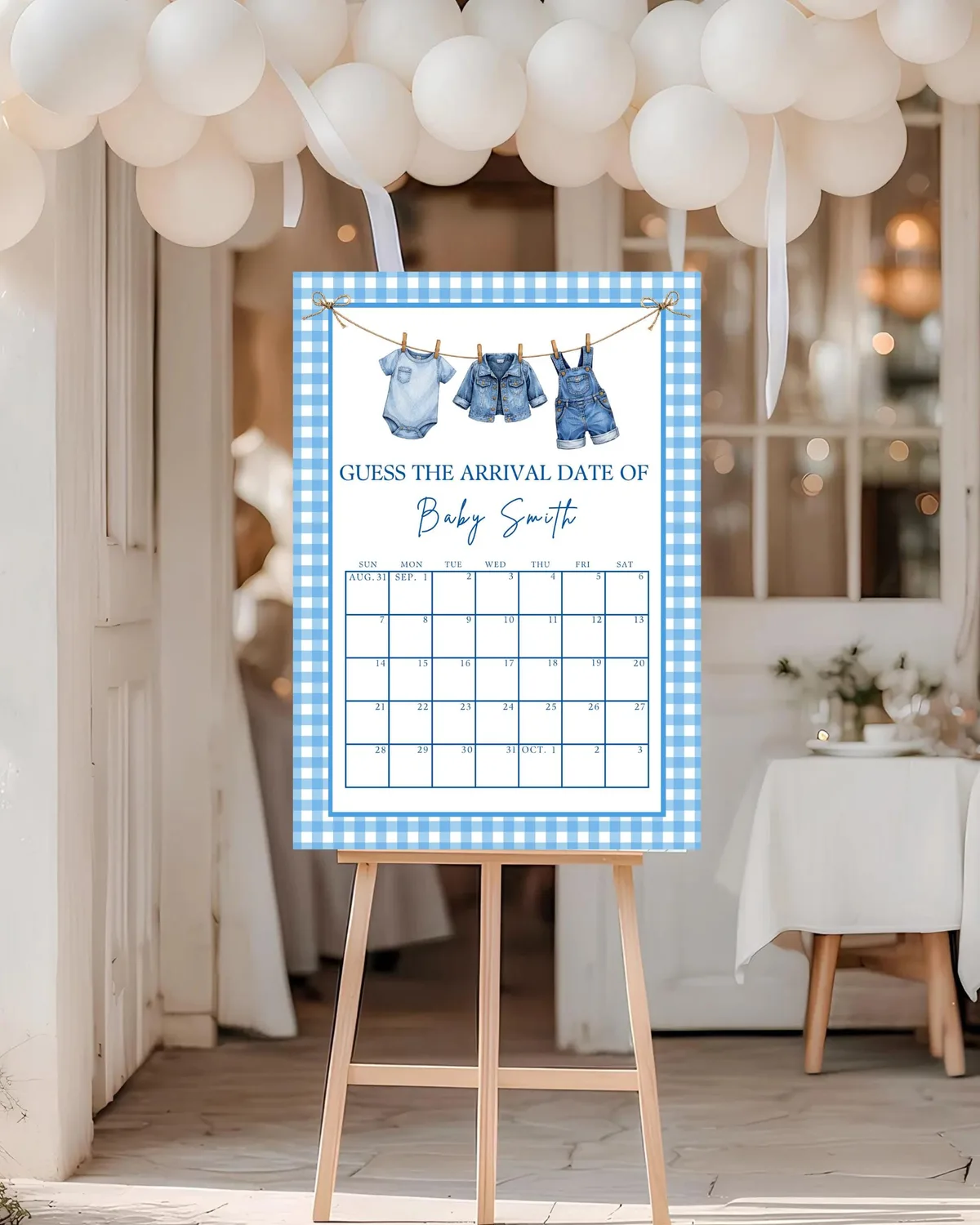 Gingham Baby Shower Arrival Date Game — editable Canva template