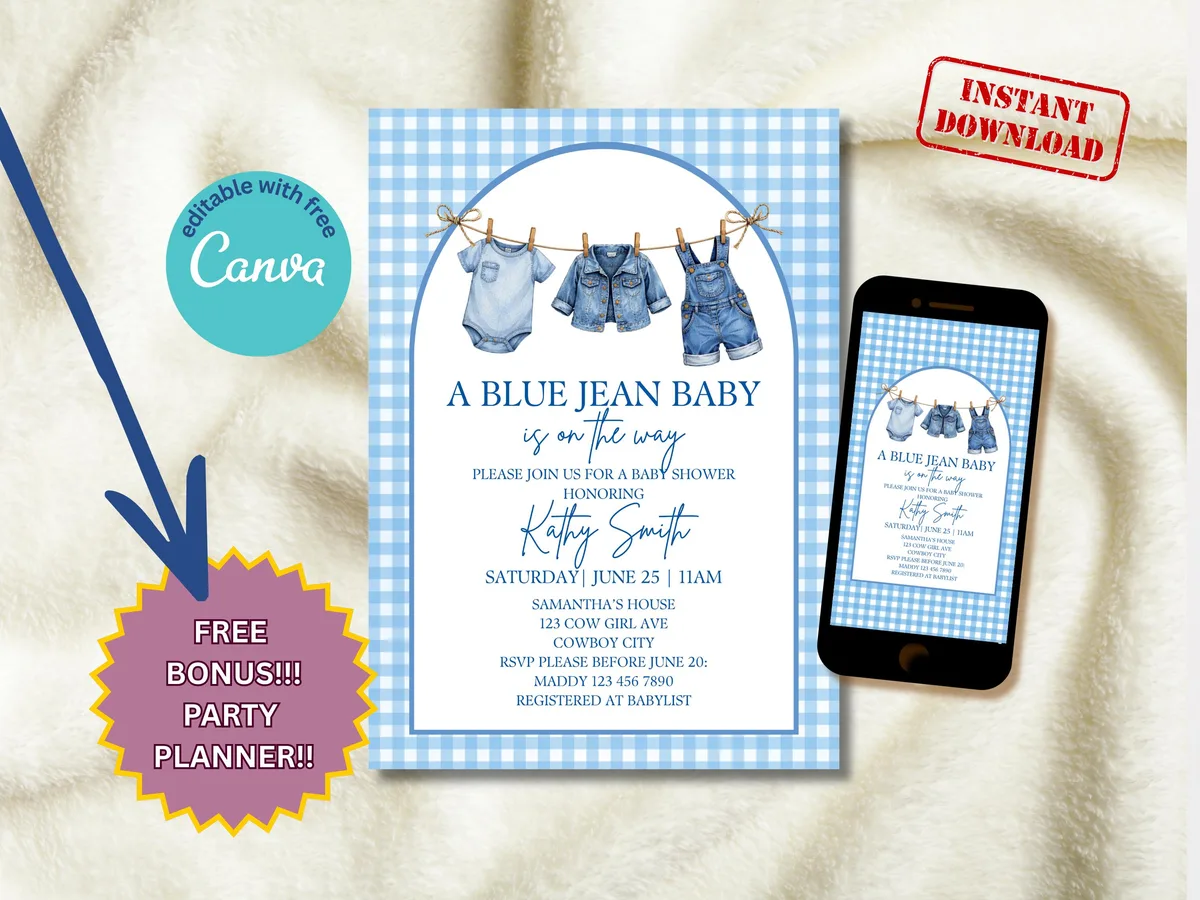 Blue Gingham Baby Shower Invitation — editable Canva template