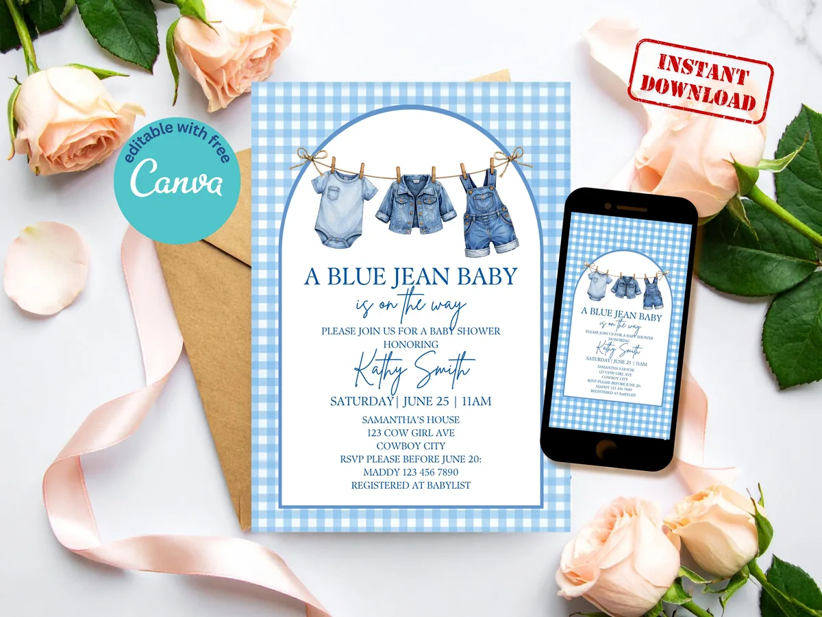 Blue Gingham Baby Shower Invitation — preview 2