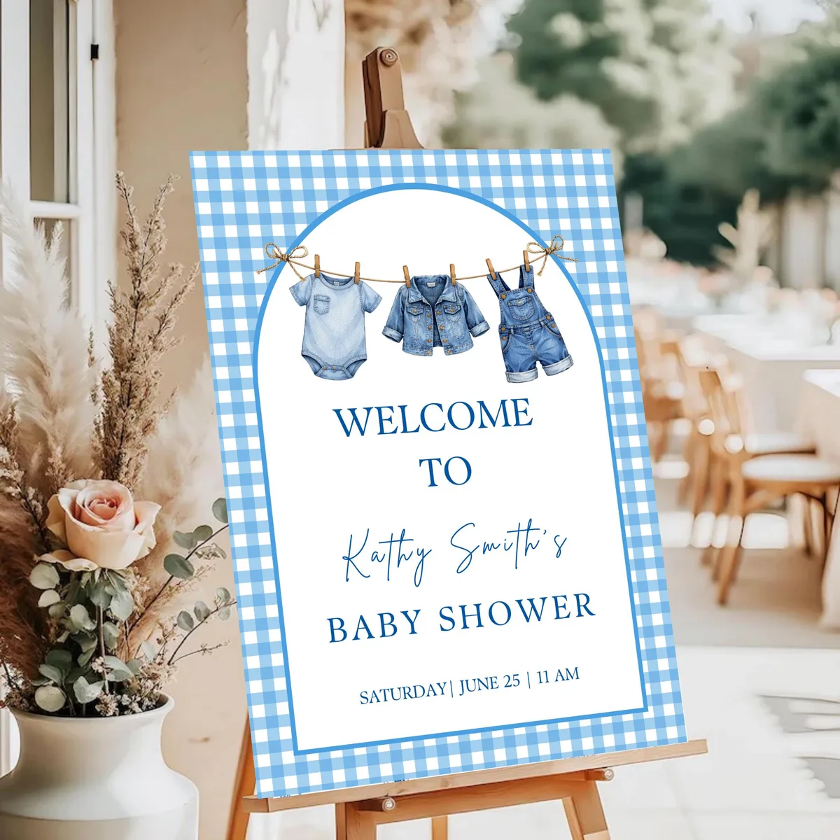 Blue Gingham Baby Shower Welcome Sign — editable Canva template