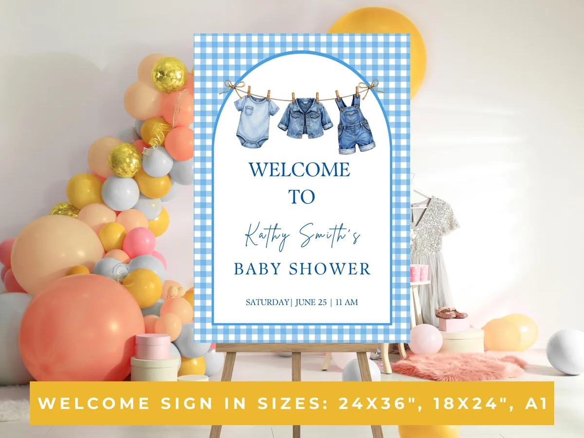 Blue Gingham Baby Shower Welcome Sign — preview 2