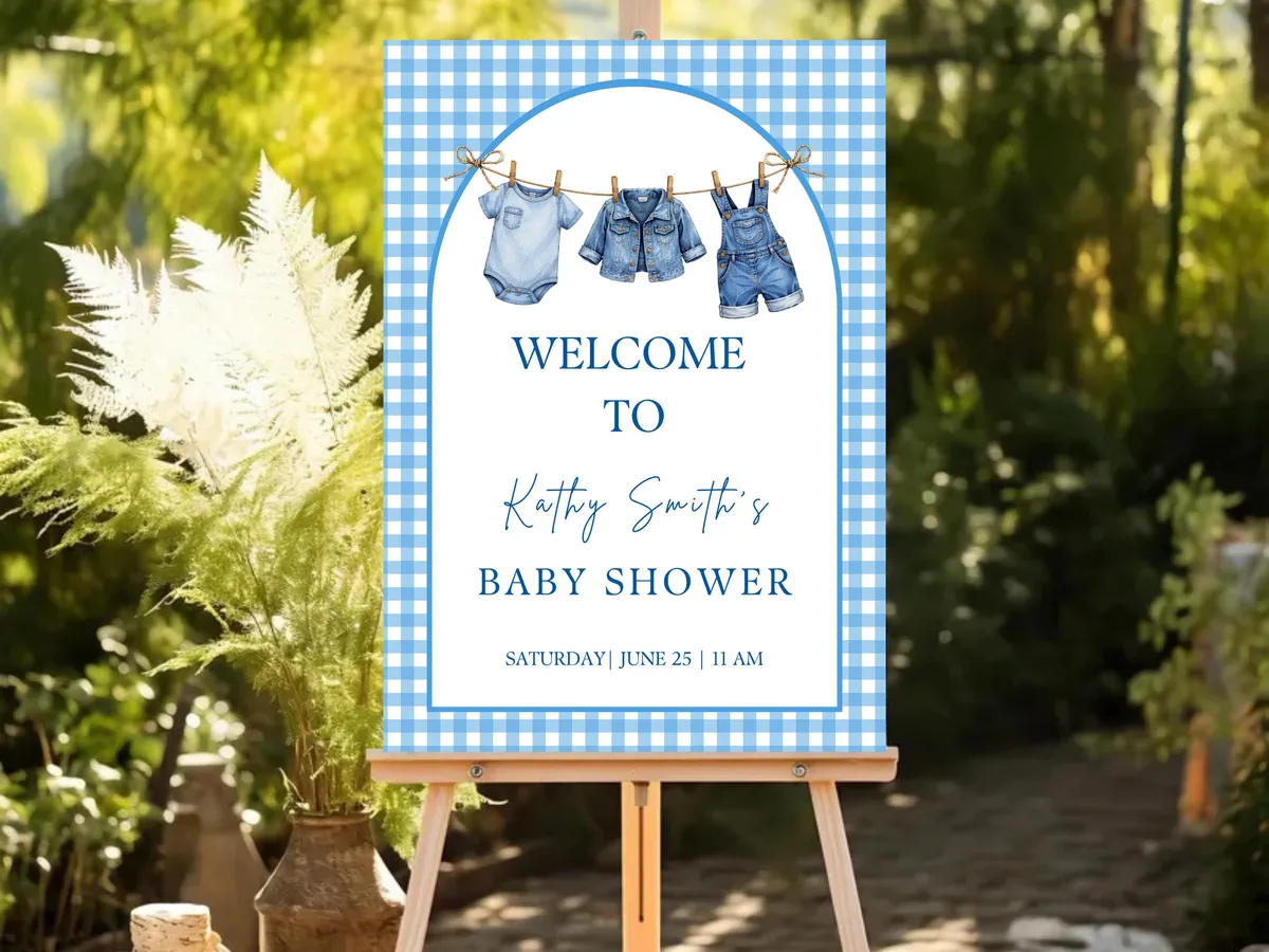 Blue Gingham Baby Shower Welcome Sign — preview 3
