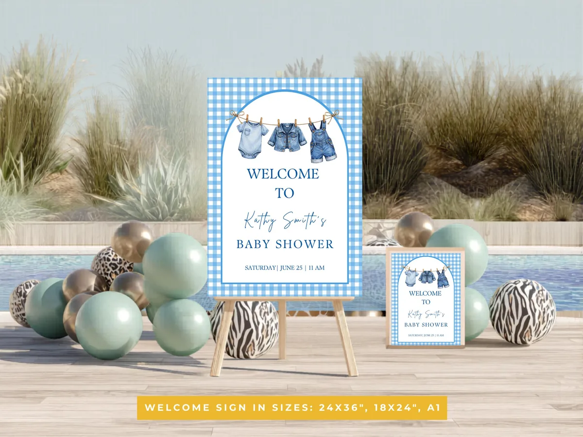 Blue Gingham Baby Shower Welcome Sign — preview 4