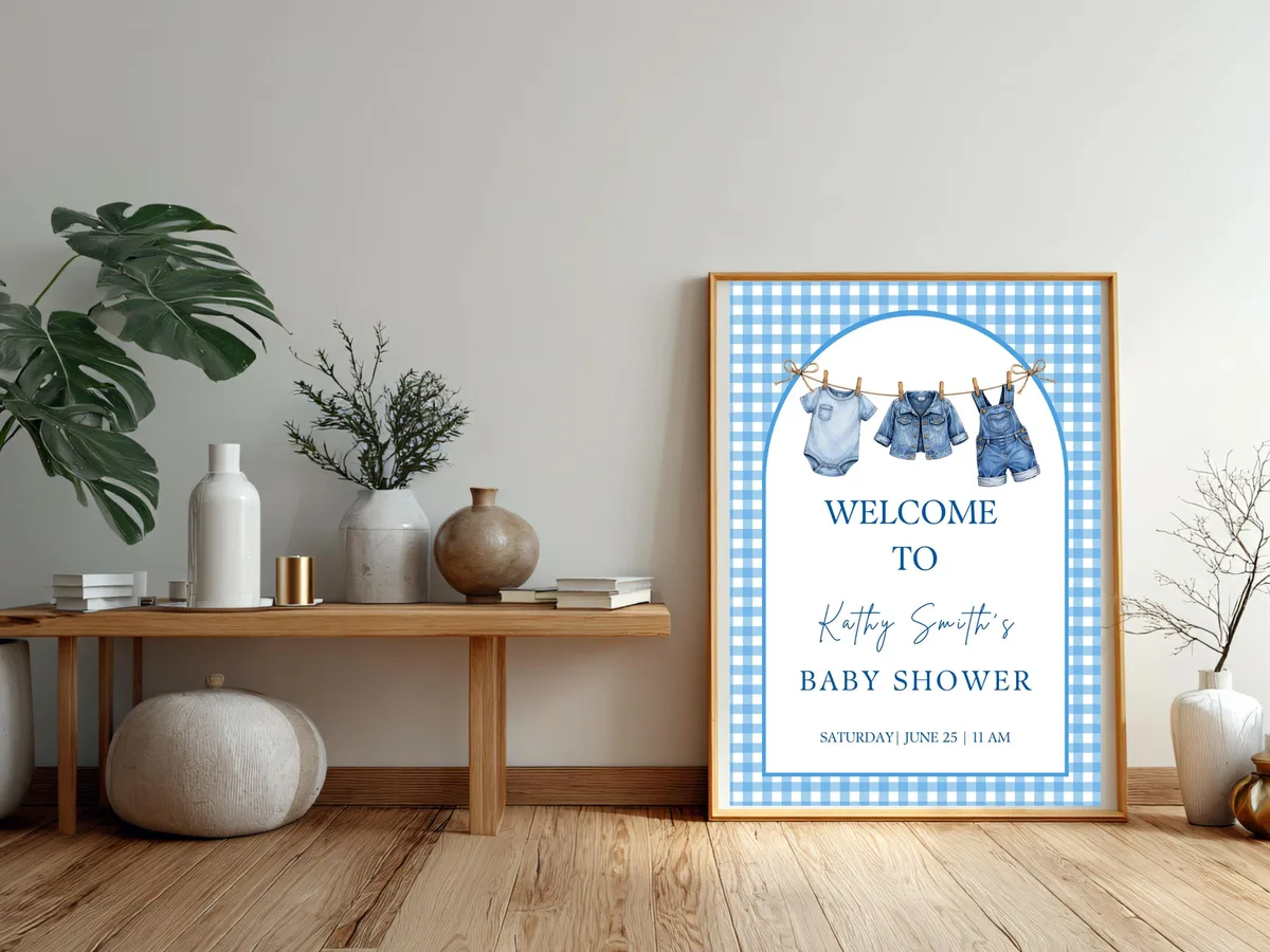 Blue Gingham Baby Shower Welcome Sign — preview 5