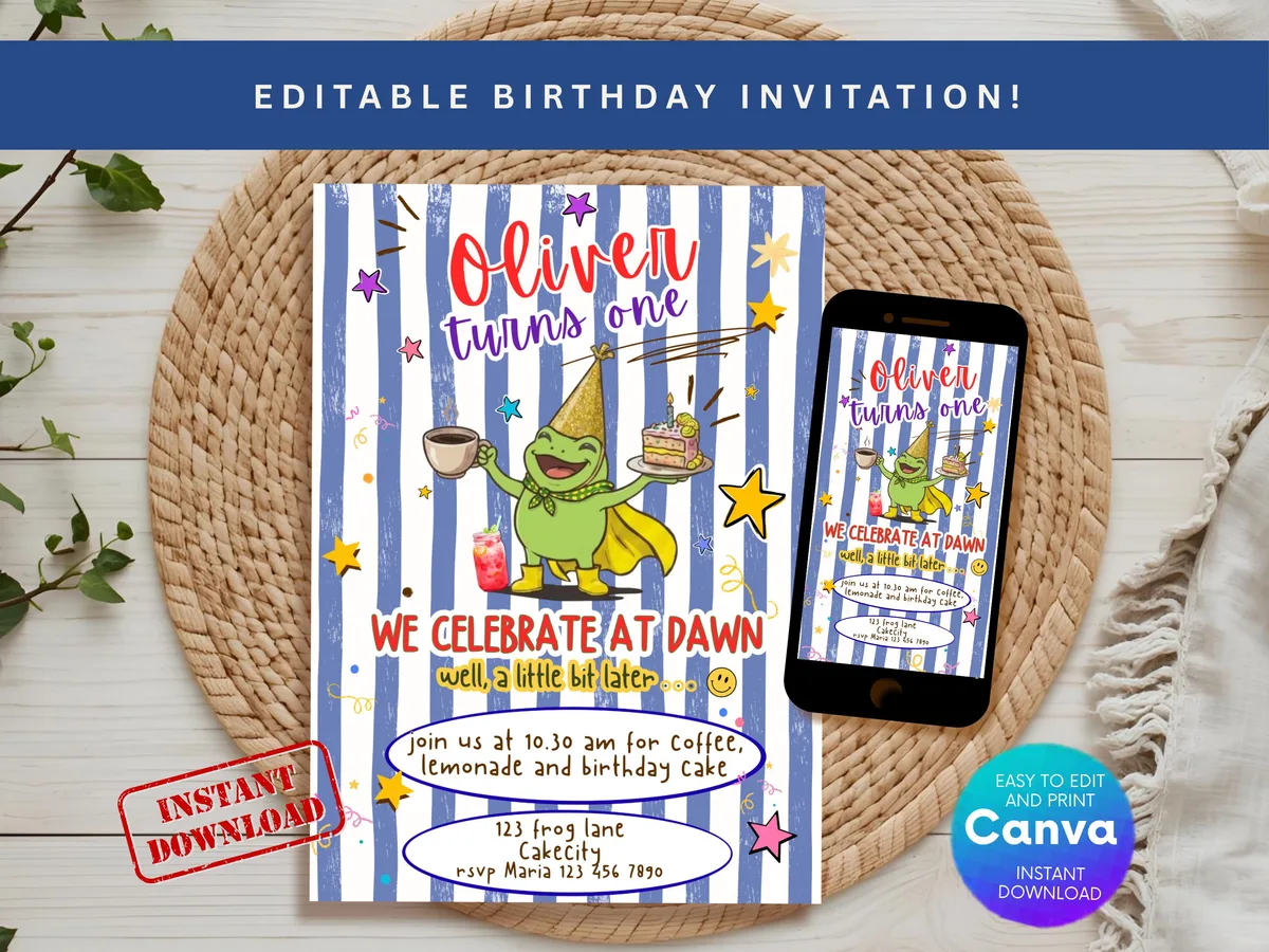 Happy Frog Birthday Invitation — Blue — editable Canva template