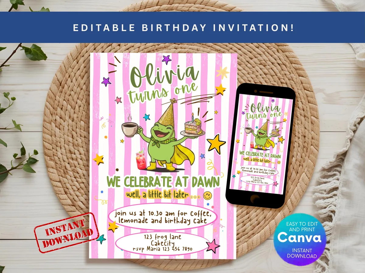 Happy Frog Birthday Invitation — Pink — editable Canva template