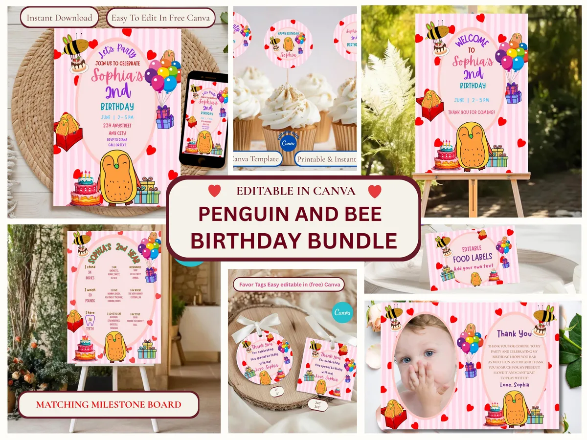 Penguin Birthday Party Bundle — editable Canva template