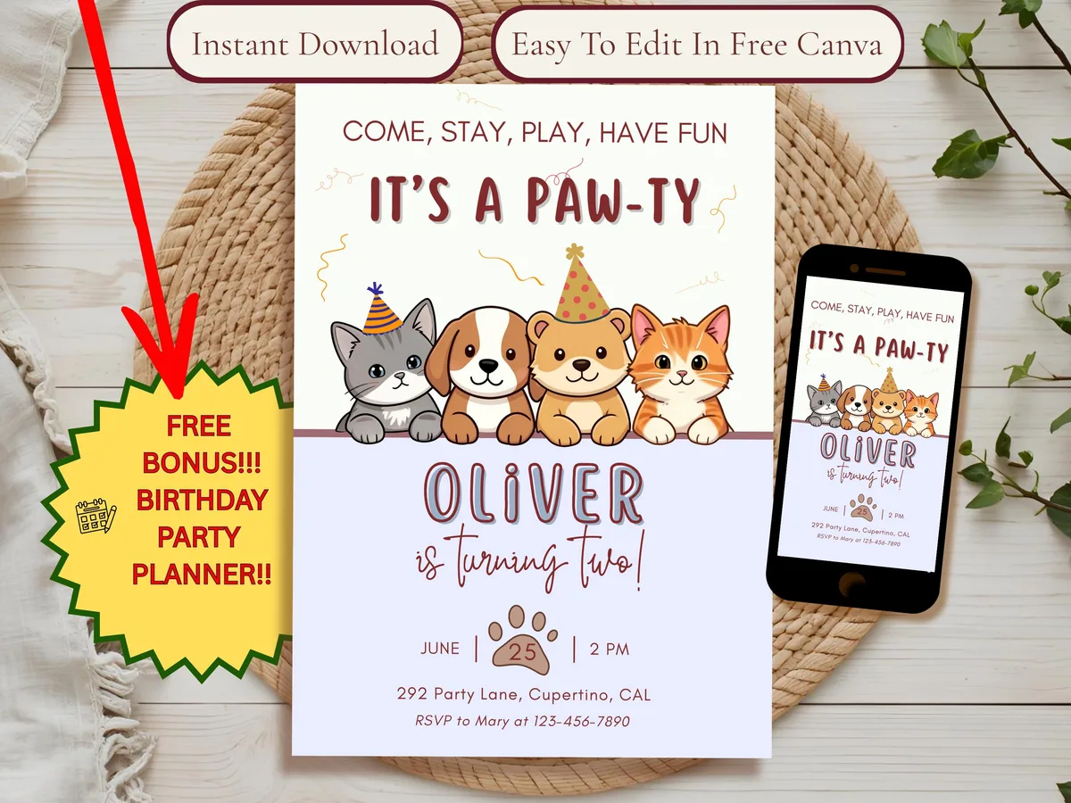 Let's Pawty Dog Birthday Invitation — editable Canva template
