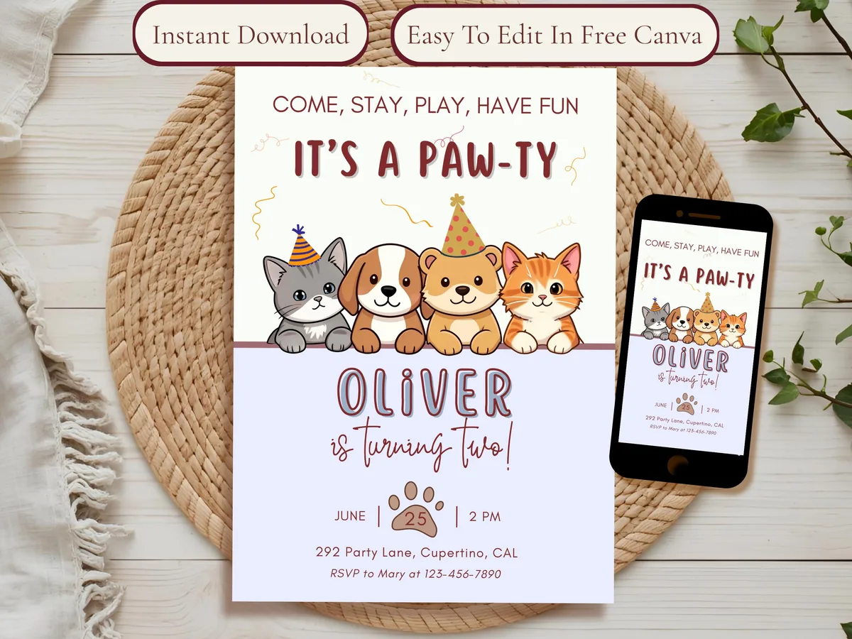 Let's Pawty Dog Birthday Invitation — preview 2