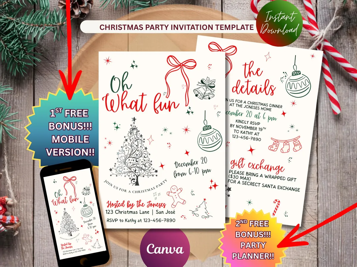 Oh What Fun Christmas Invitation  — editable Canva template