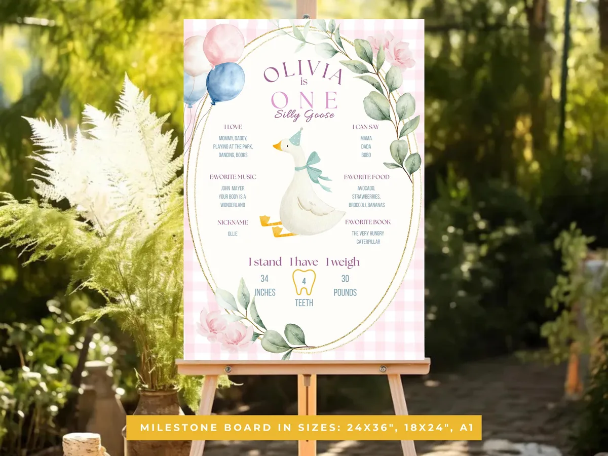 Silly Goose First Year Milestone Board — editable Canva template
