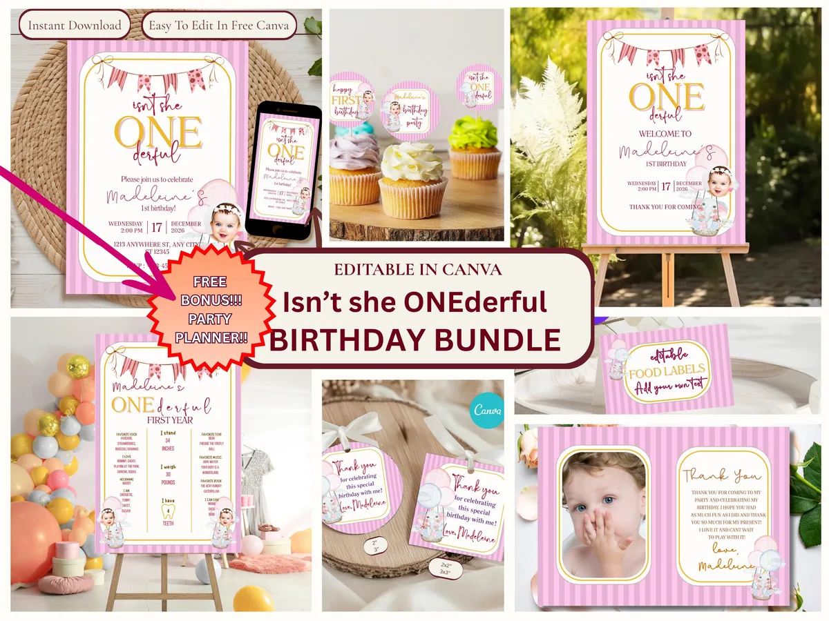 ONEderful First Birthday Party Bundle — editable Canva template