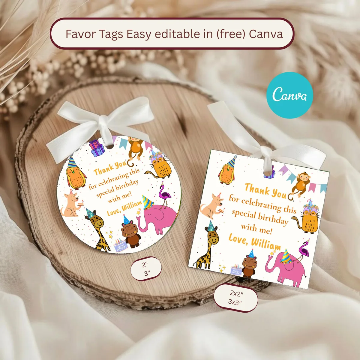 Party Animals Birthday Favor Tags — editable Canva template