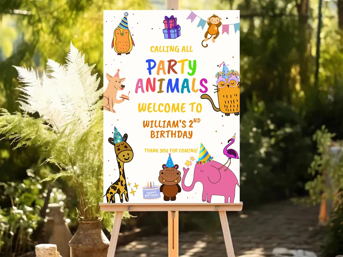 Calling All Party Animals Welcome Sign — editable Canva template