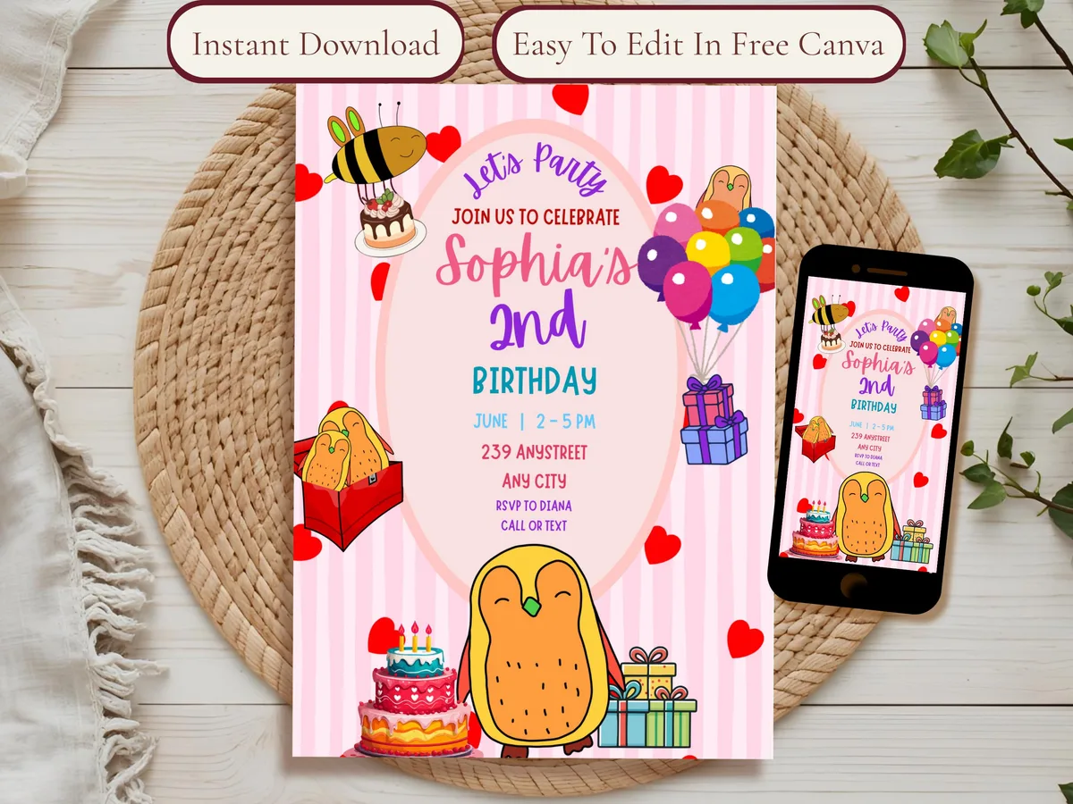Penguin & Bee Birthday Invitation — editable Canva template